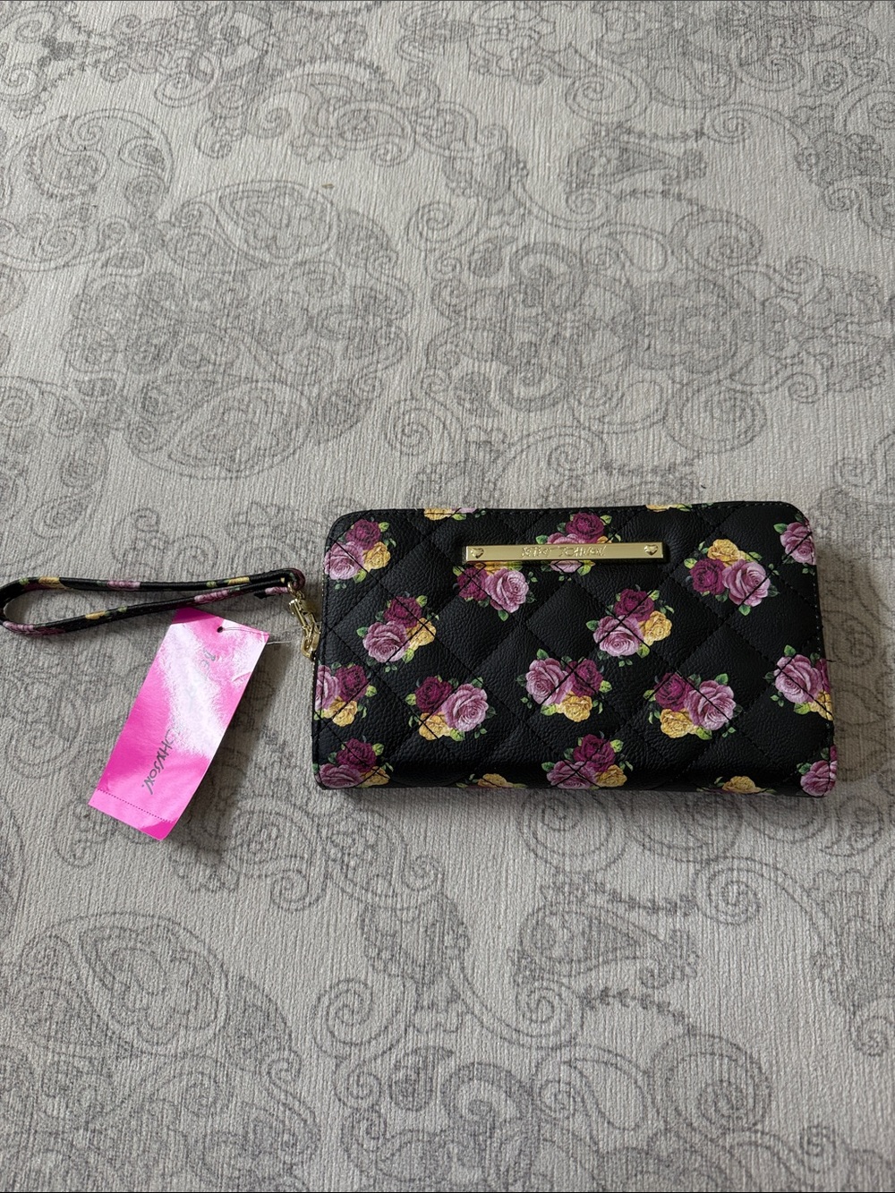 Betsey Johnson Black Quilted Wristlet with Pink and Yellow Floral Print NWT